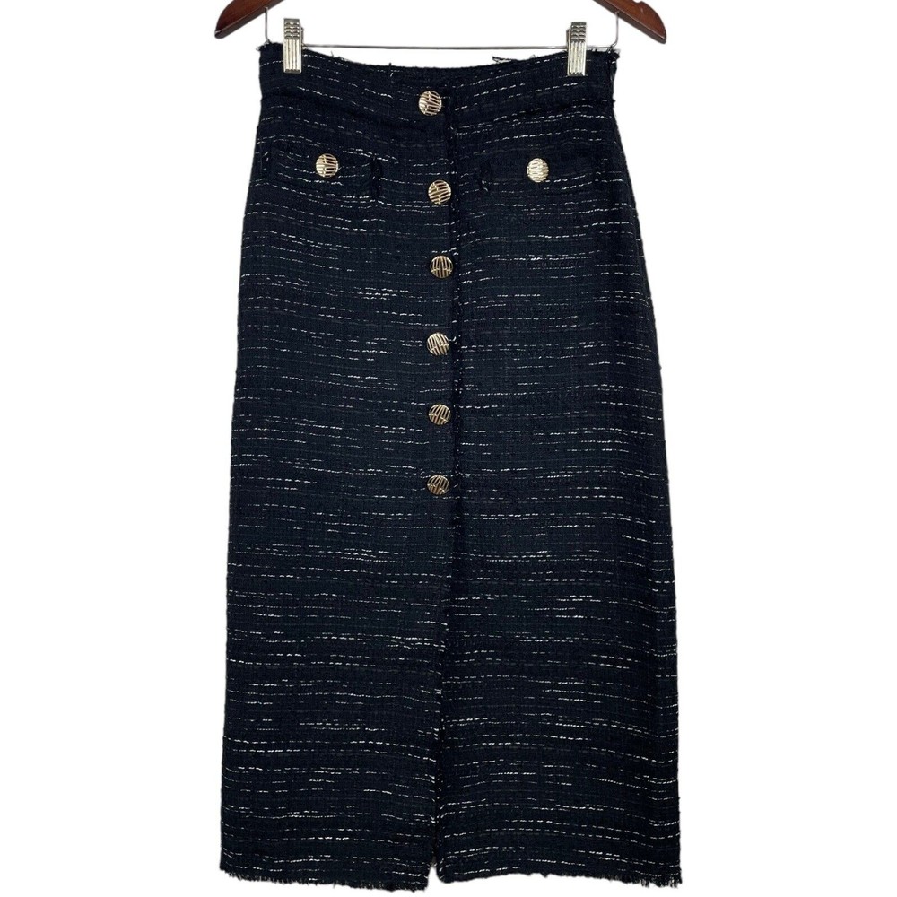 NWT Zara Medium Blogger's Favorite Pencil Midi Skirt Black Tweed Gold Buttons